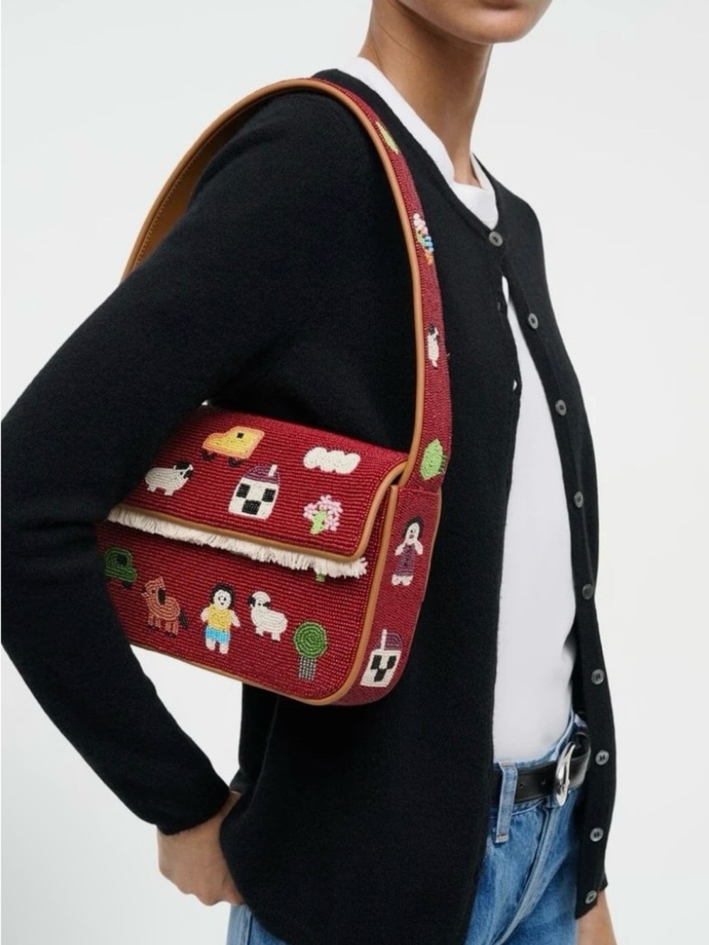 STAUD Tommy Beaded / Embroidered Folk Town Shoulder Bag Red W Tan Trim $325 MSRP